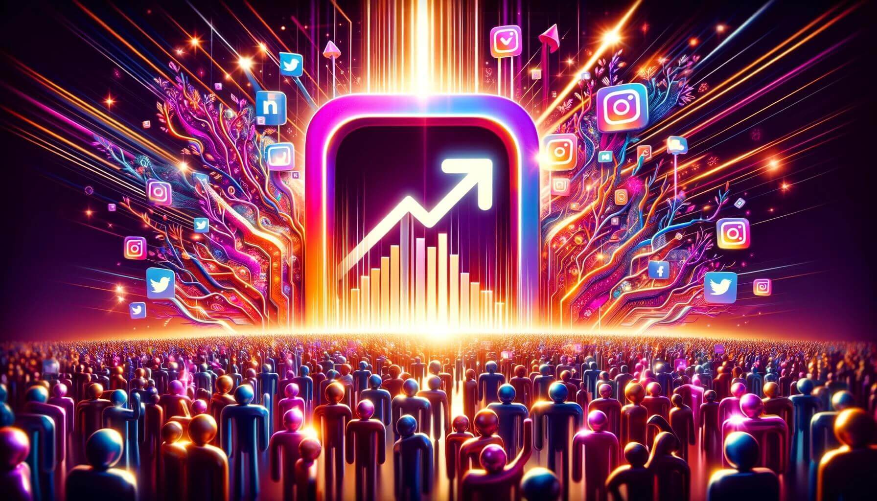 Esta imagem dinâmica e colorida simboliza a estratégia de crescimento no Instagram, abordando os prós e contras de comprar seguidores. Com setas ascendentes, perfis em destaque, e uma multidão de figuras abstratas, reflete tanto a promessa de popularidade instantânea quanto os desafios em cultivar engajamento autêntico. A paleta de cores, inspirada na identidade visual do Instagram, destaca a importância da imagem na conquista de uma presença online impactante. Ideal para acompanhar discussões sobre as implicações psicológicas e práticas de inflar artificialmente números de seguidores, a obra convida à reflexão sobre autenticidade e sucesso nas redes sociais.